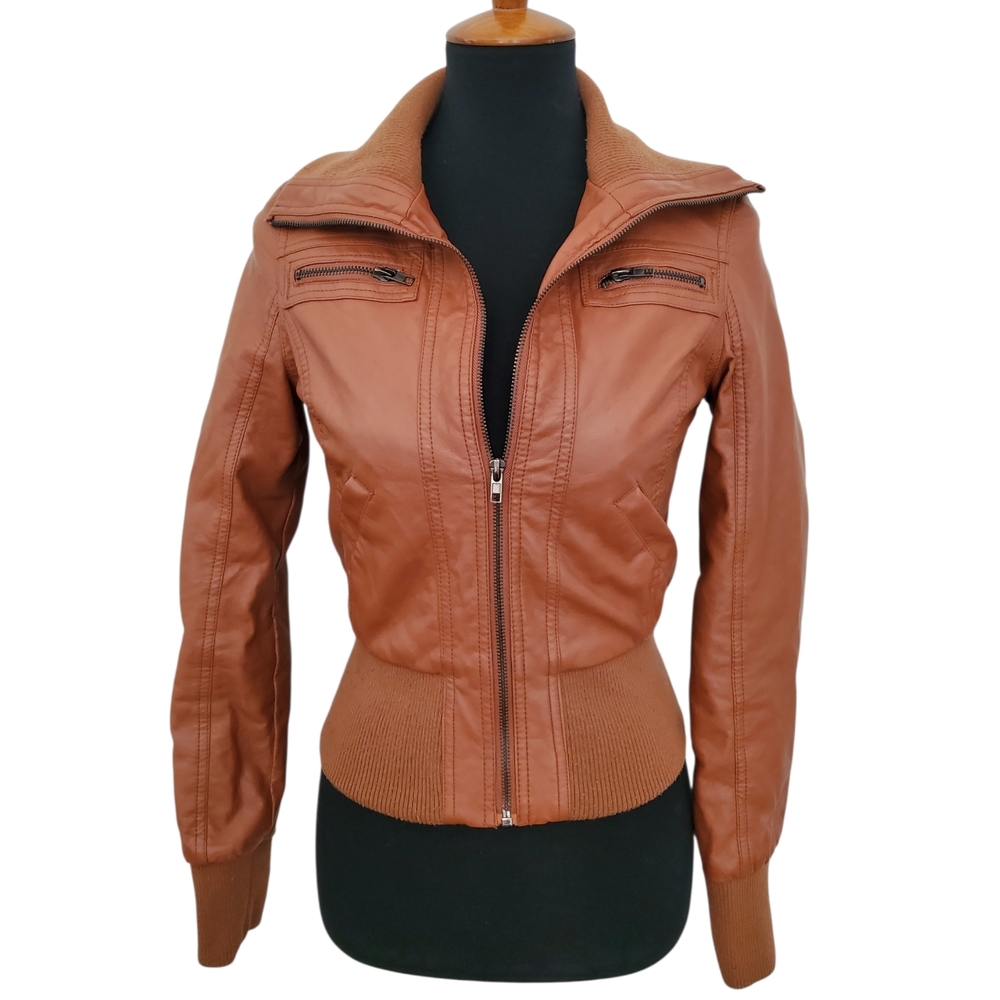 Women's Tan Bomber Style Zip Faux Leather Jacket Size Small Moto Brown Vegan